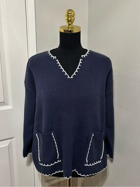 Nautical Preppy Fisherman Core Navy Blue Sweater Size Small w/ 3/4 sleeves